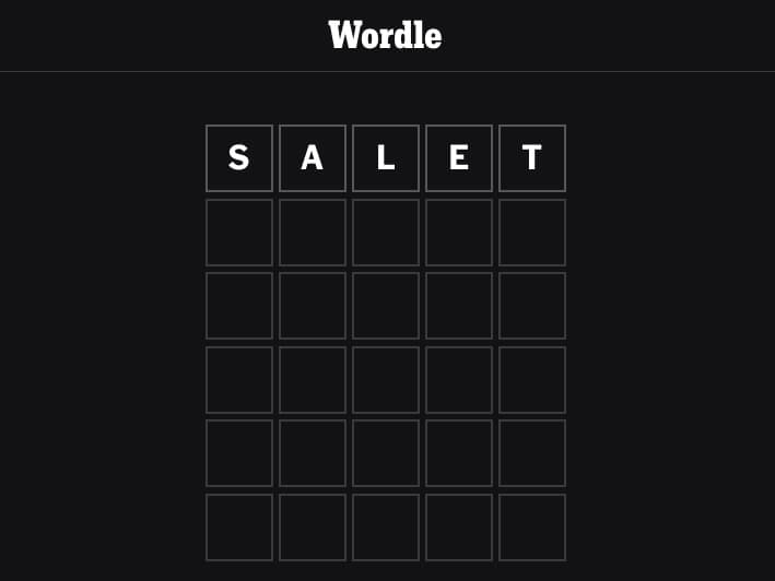 A Wordle puzzle with "salet" entered as the first guess.